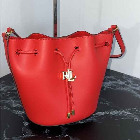 LAUREN RALPH LAUREN Andie Medium Leather Red Drawstring Bag AUTHENTIC - Picture 6 of 11